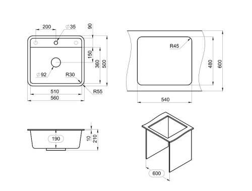 Кухонная мойка Granula Стандарт 5601, ЧЁРНЫЙ 56х50 цвет черный поверхность матовая - фото 2
