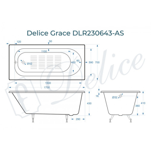 Ванна чугунная Delice Grace DLR230643-AS 170х70 пристенная прямоугольная без ножек с антискользящим покрытием - фото 2