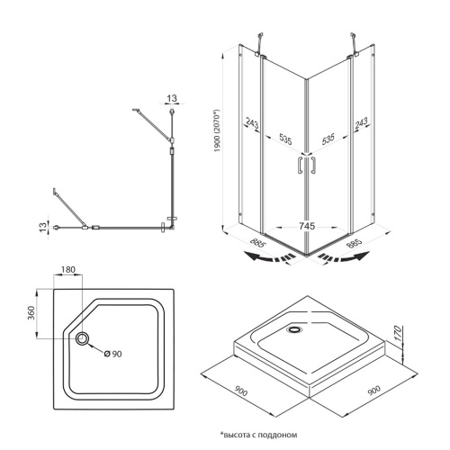 Душевой уголок Тритон Тау Щ0000054038 90х90 стекло прозрачное профиль черный с поддоном - фото 4
